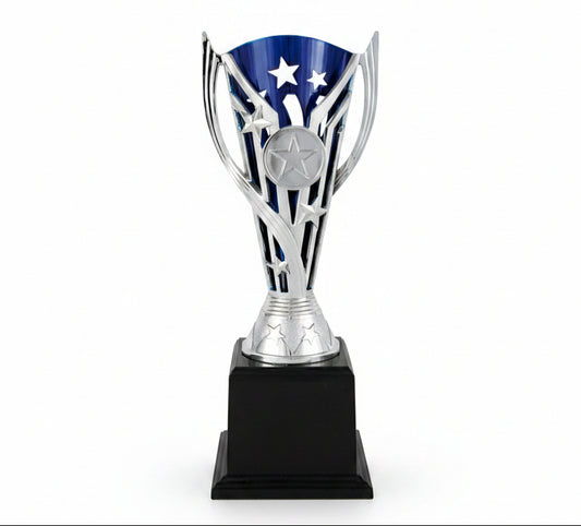 Trofeo Copa Vanguardista Plateada con Calado Estelar Azul-Trofeos Robles