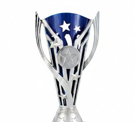 Trofeo Copa Vanguardista Plateada con Calado Estelar Azul-detalle