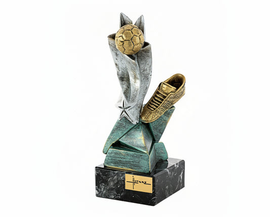 Trofeo Fútbol Figura Bota Dorada con Balón y Base de Mármol Negro