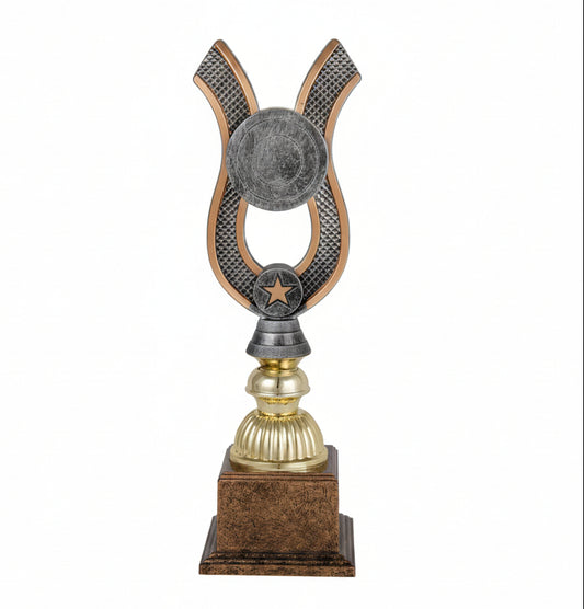 Trofeo Figura Bronce con Forma de Lira, Disco Plateado y Estrella Dorada sobre Peana Mármol-Trofeos Robles