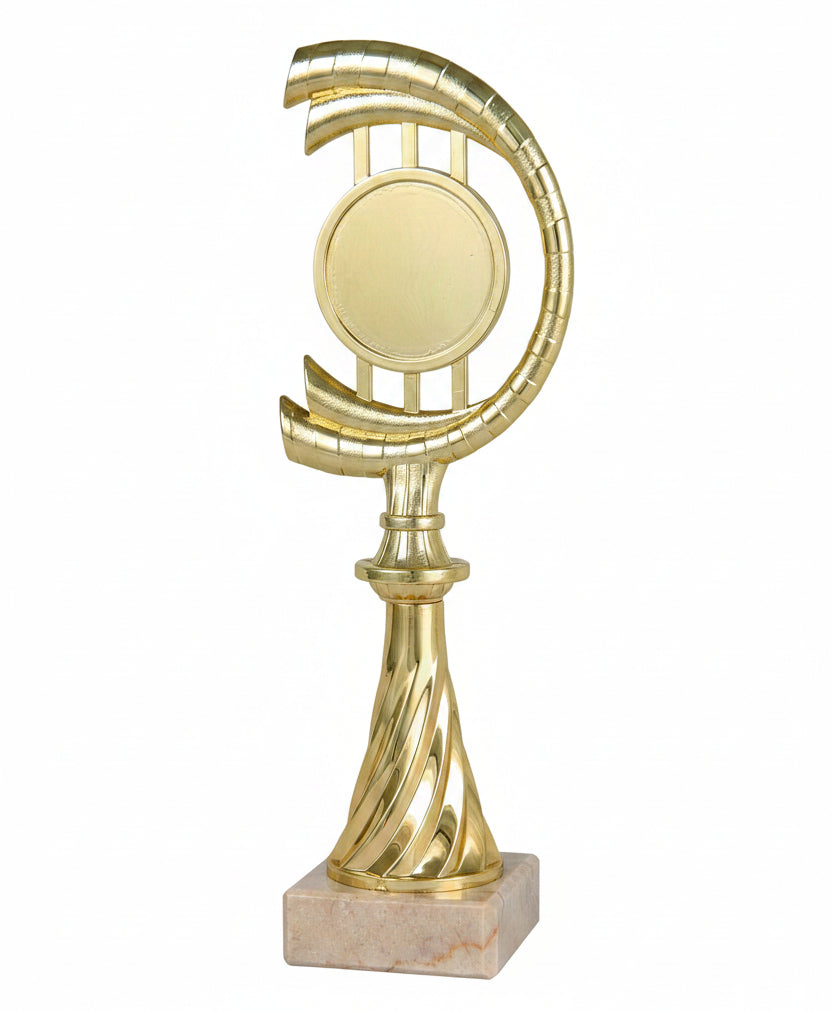 Trofeo Figura Dorada con Brazo Curvo en Espiral y Pie Torsionado sobre Peana de Mármol-Trofeos Robles