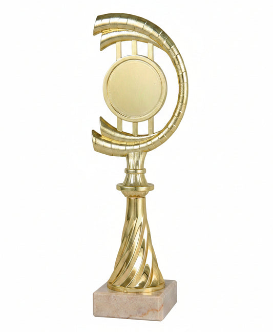 Trofeo Figura Dorada con Brazo Curvo en Espiral y Pie Torsionado sobre Peana de Mármol-Trofeos Robles