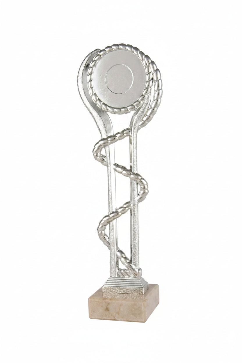 Trofeo Figura Plateada con Aro Decorativo sobre Peana de Mármol
