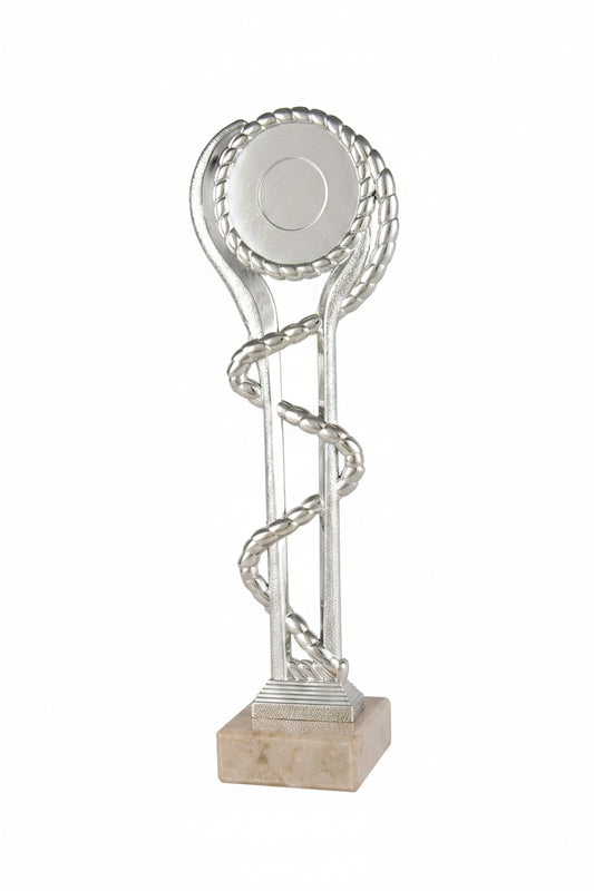 Trofeo Figura Plateada con Aro Decorativo sobre Peana de Mármol