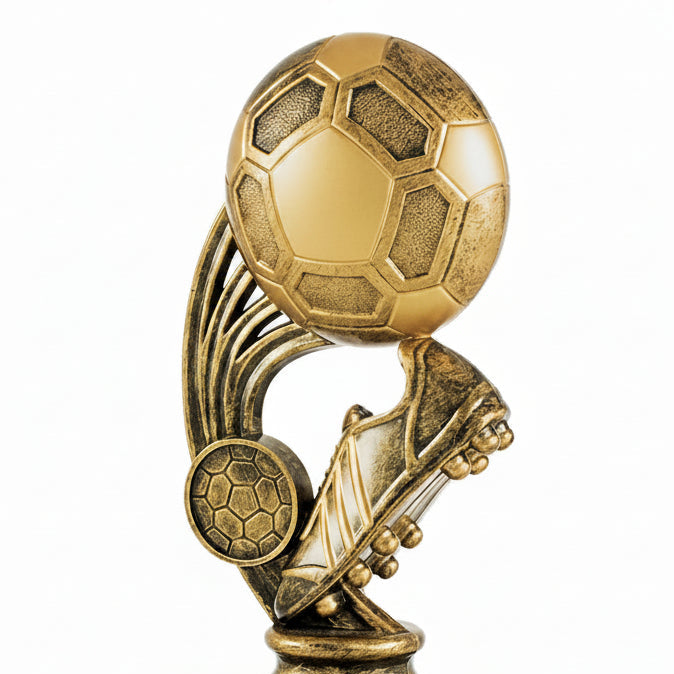 Trofeo Fútbol Bronce con Bota y Balón en Ráfaga-detalle