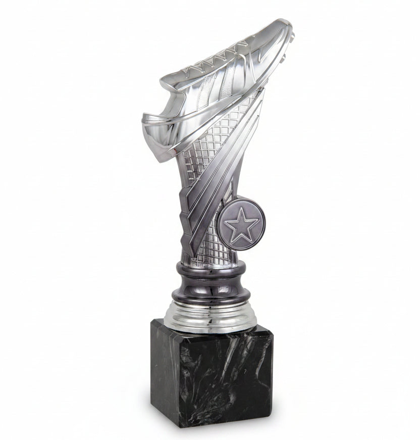 Trofeo Fútbol Plateado con Bota y Estrella sobre Peana Negra-Trofeos Robles