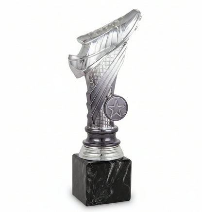 Trofeo Fútbol Plateado con Bota y Estrella sobre Peana Negra-Trofeos Robles