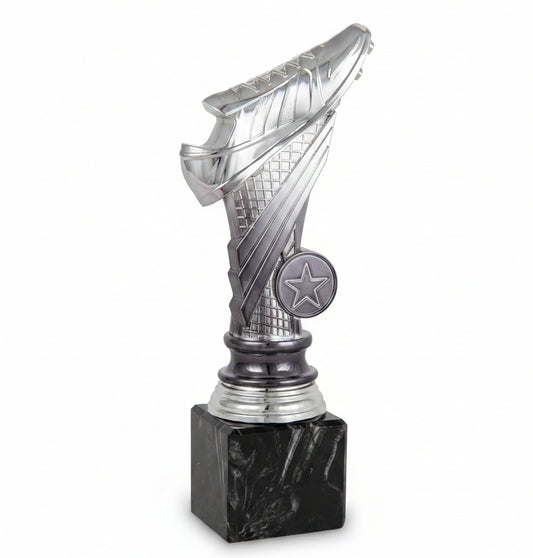 Trofeo Fútbol Plateado con Bota y Estrella sobre Peana Negra-Trofeos Robles