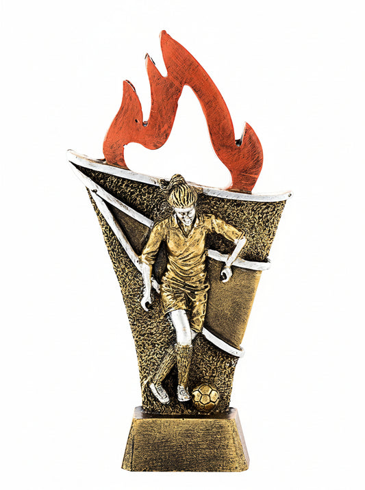Trofeo Futbolista Femenino con Figura en Accion y Llama Roja-Trofeos Robles