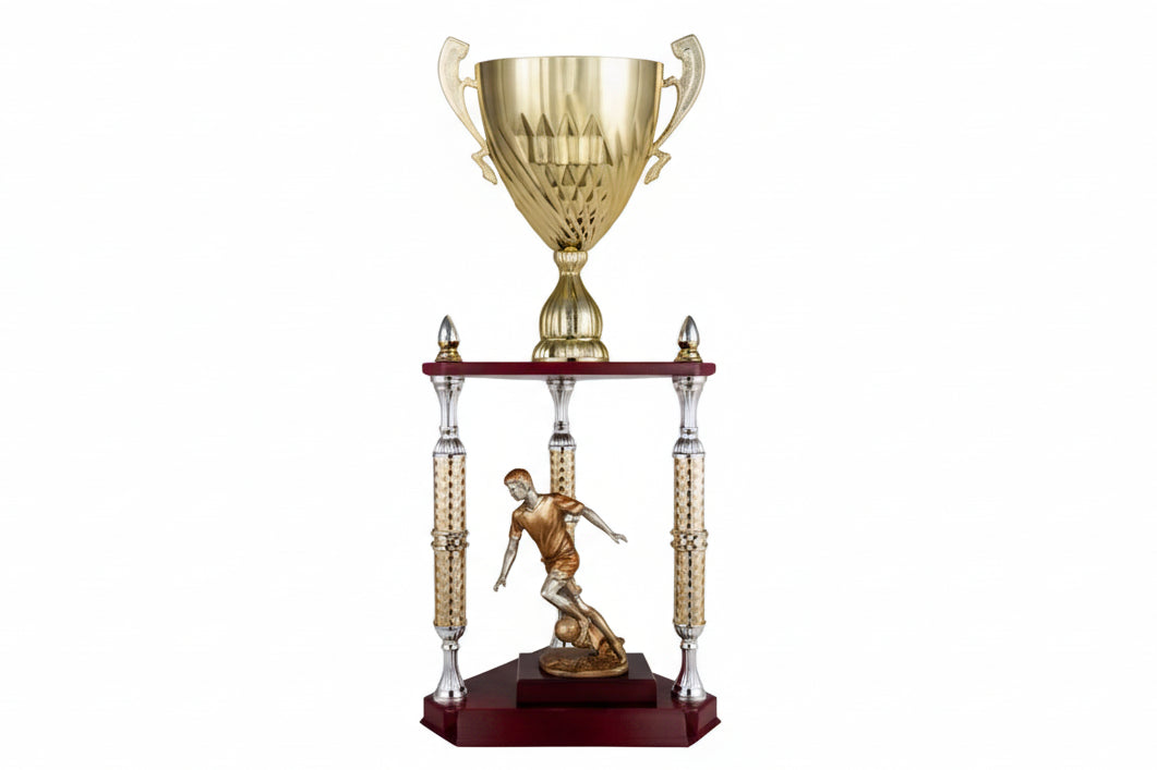Trofeo Gran Copa Dorada con 3 Columnas Helicoidales y Base de Madera-Trofeos Robles