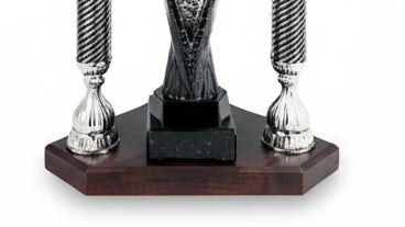 Trofeo Gran Formato con Columnas Plateadas Texturizadas y Base de Madera-detalle base