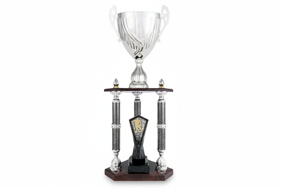 Trofeo Gran Formato con Columnas Plateadas Texturizadas y Base de Madera-Trofeos Robles