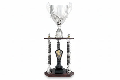 Trofeo Gran Formato con Columnas Plateadas Texturizadas y Base de Madera-Trofeos Robles