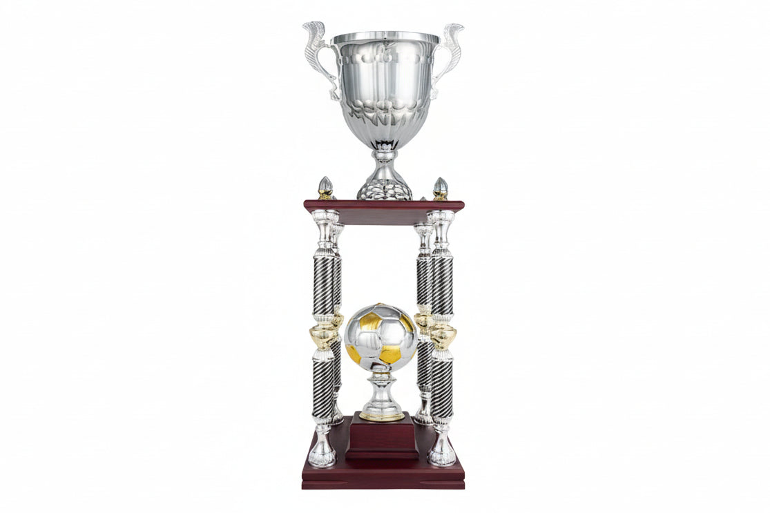 Trofeo Monumental con 4 Columnas Texturizadas, Balon Central y Base de Madera-Trofeos Robles