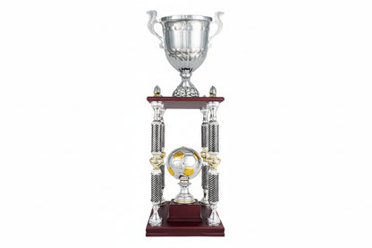 Trofeo Monumental con 4 Columnas Texturizadas, Balon Central y Base de Madera-Trofeos Robles