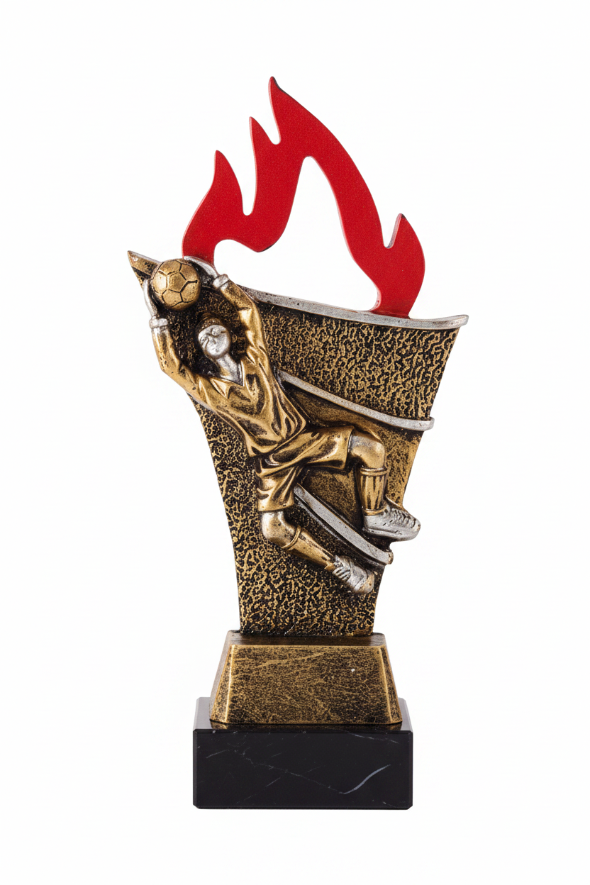 Trofeo Portero Futbol con Figura en Accion y Llama Roja-Base marmol