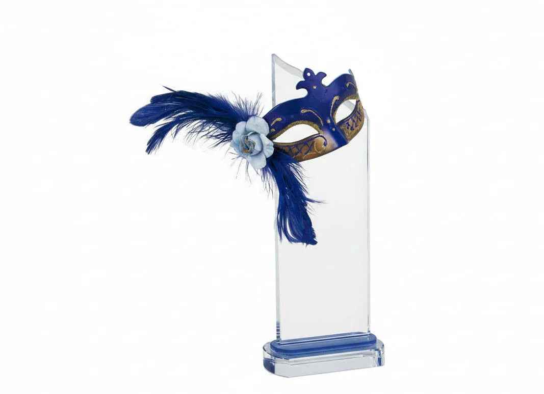 Trofeo Carnaval Cristal Máscara Azul con Plumas