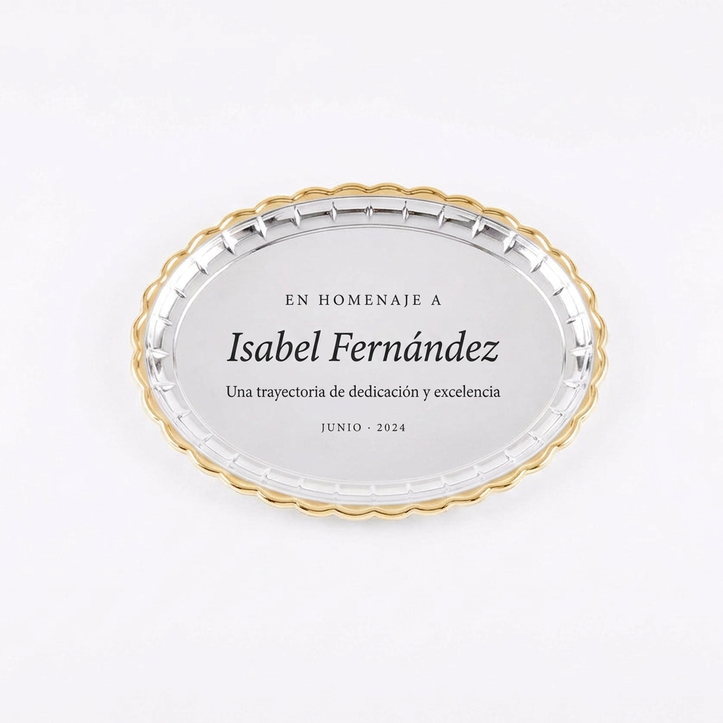 Diseño tipográfico sobrio y elegante sobre bandeja ovalada