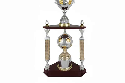 Trofeo Copa Plateada y Dorada con Base de Madera y Columnas