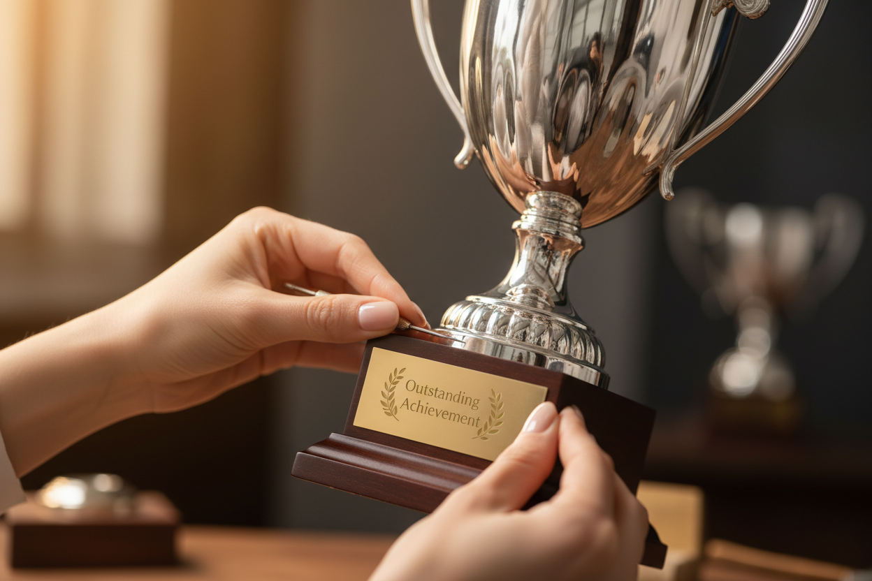 Manos femeninas personalizando trofeo con elegancia