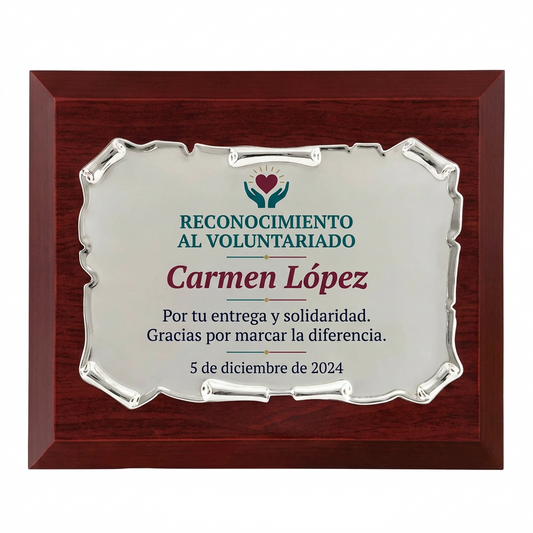 Placa con ejemplo de reconocimiento al voluntariado a color