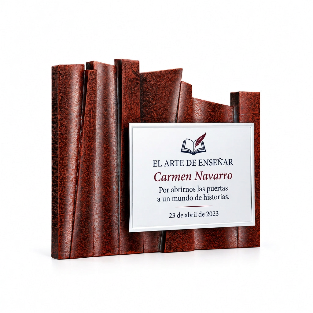 Placa de libros con diseño interior de homenaje a una profesora