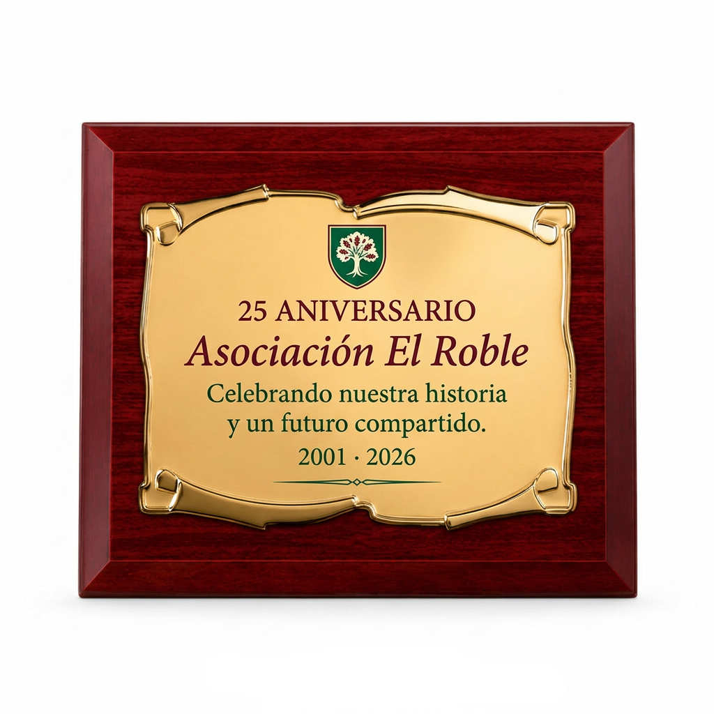 Placa dorada con ejemplo de aniversario a color