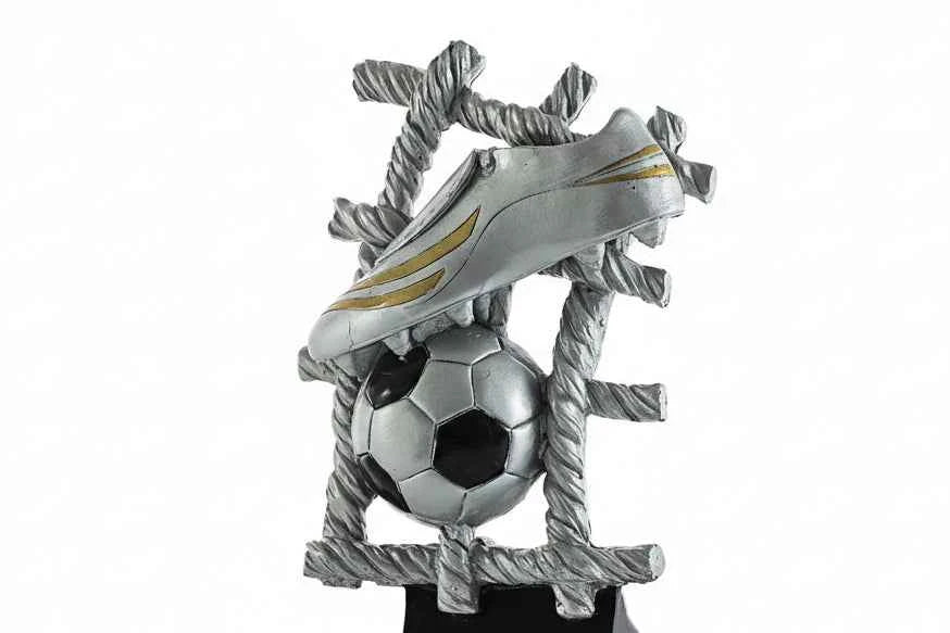 Trofeo Fútbol Bota, Balón y Red Plateado Dorado Negro