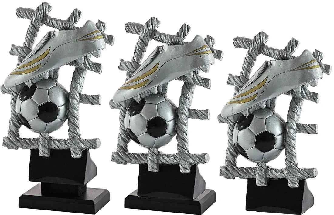 Trofeo Fútbol Bota, Balón y Red Plateado Dorado Negro