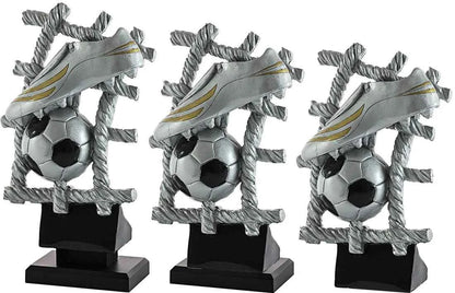 Trofeo Fútbol Bota, Balón y Red Plateado Dorado Negro