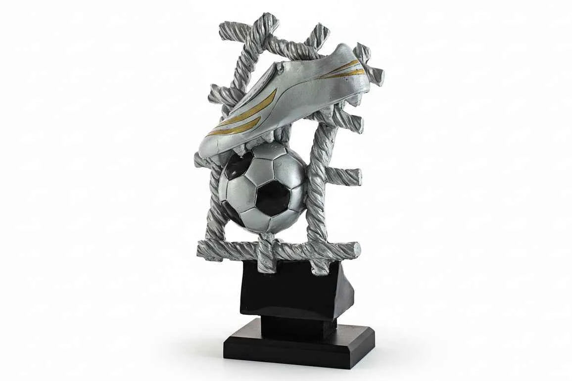 Trofeo Fútbol Bota, Balón y Red Plateado Dorado Negro
