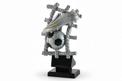 Trofeo Fútbol Bota, Balón y Red Plateado Dorado Negro