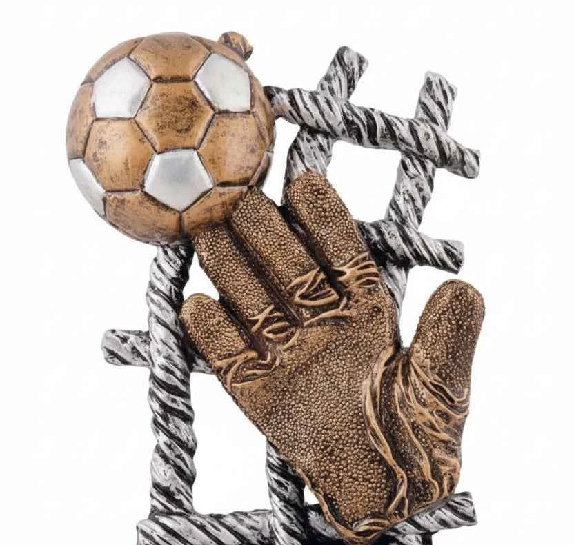 Trofeo Fútbol Guante Portero y Balón Bronce Plateado Negro