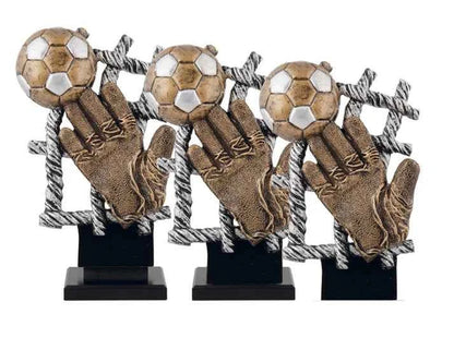 Trofeo Fútbol Guante Portero y Balón Bronce Plateado Negro