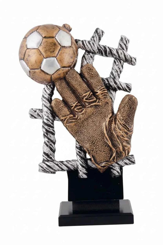 Trofeo Fútbol Guante Portero y Balón Bronce Plateado Negro